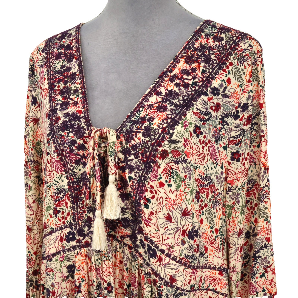 Torrid Top 1 Plus Size 1X Beige Purple Floral Blouse Tasseled Embroidered Boho - Picture 9 of 15